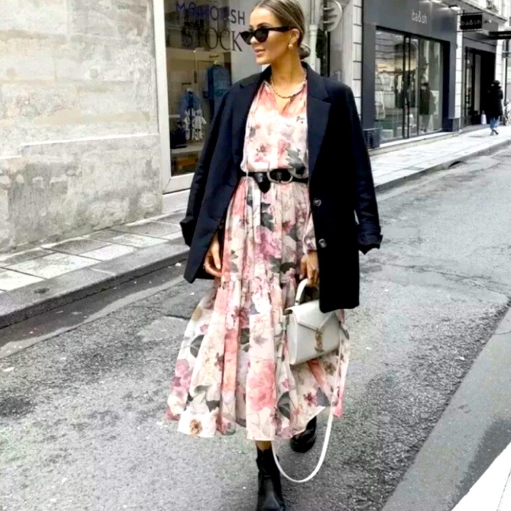 H&M Floral Chiffon Dress Powder Pink Blogger XL